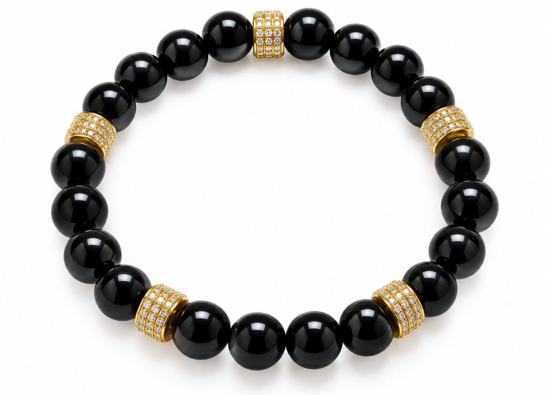 Black Onyx & Gold Pavé CZ Barrel Bead Stretch Bracelet — Luxury Statement