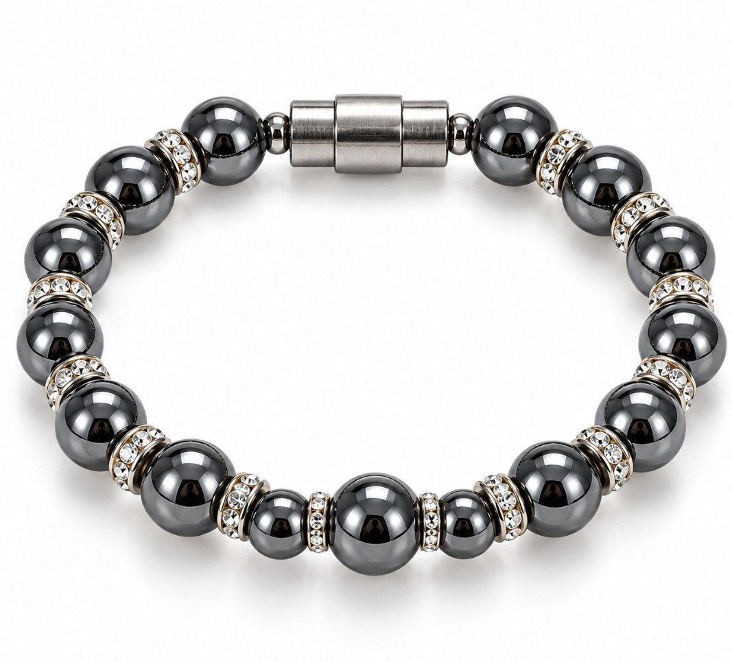 Hematite & Clear Crystal Rondelle Magnetic Bracelet — Silver