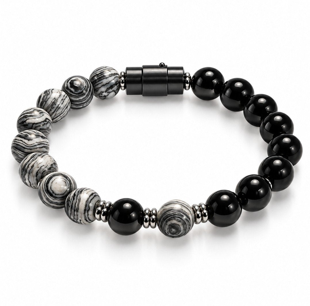 Zebra Jasper & Black Onyx Half-and-Half Bracelet — Barrel Clasp