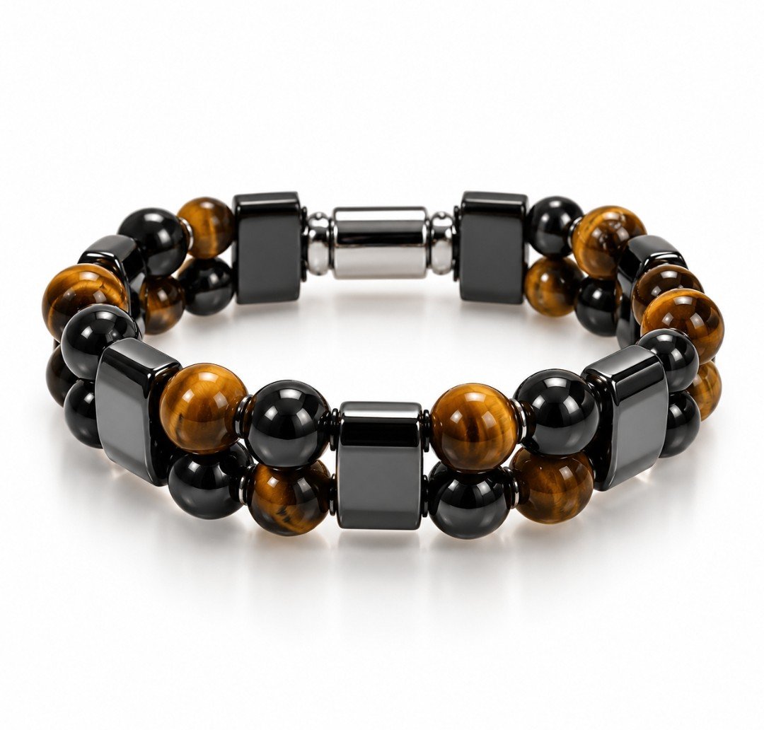 Tiger's Eye & Black Onyx Double Row Hematite Plate Bracelet