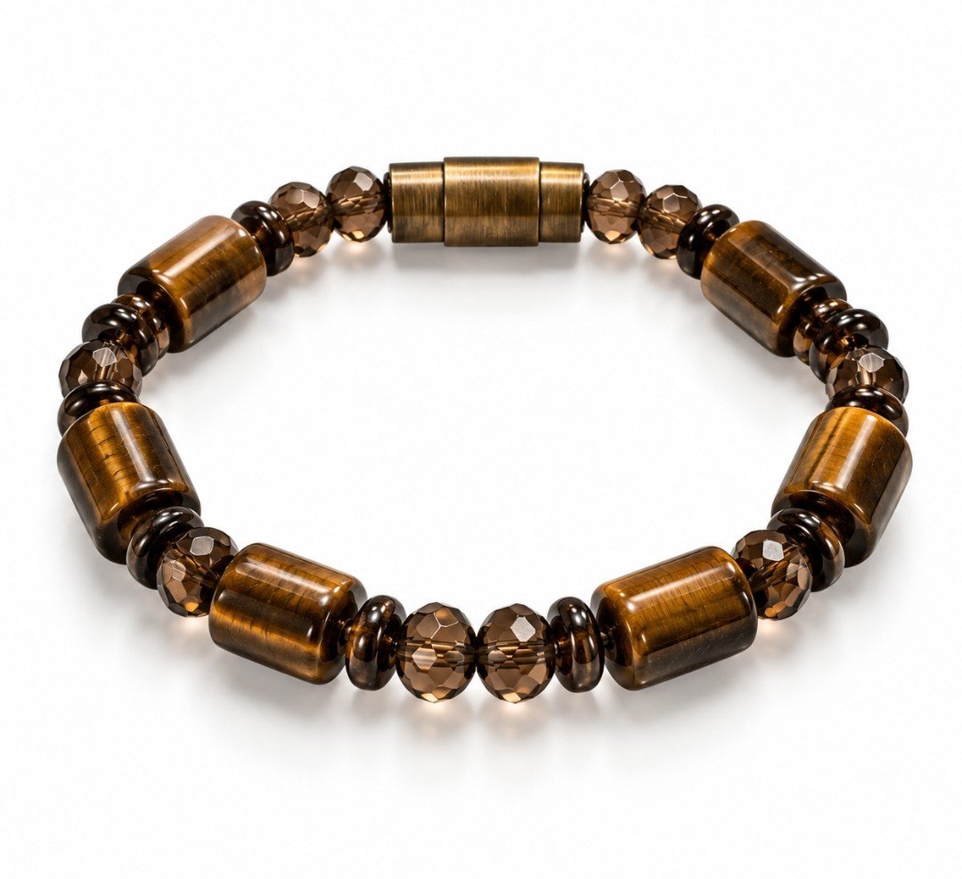 Tiger's Eye Barrel & Faceted Smoky Quartz Bracelet — Brass Clasp