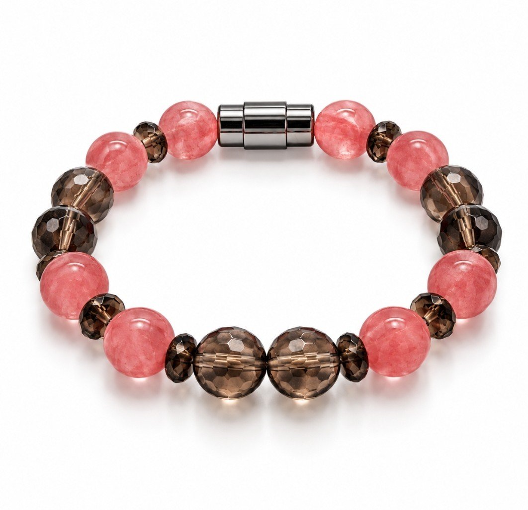 Rose Quartz & Faceted Smoky Quartz Magnetic Bracelet — Pink & Smoke