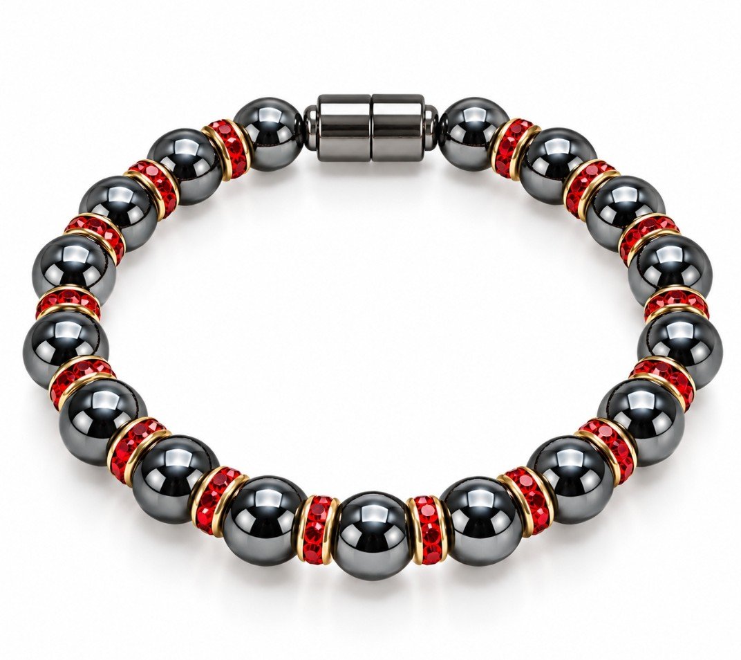 Hematite & Red Crystal Rondelle Magnetic Bracelet — Black, Red & Gold