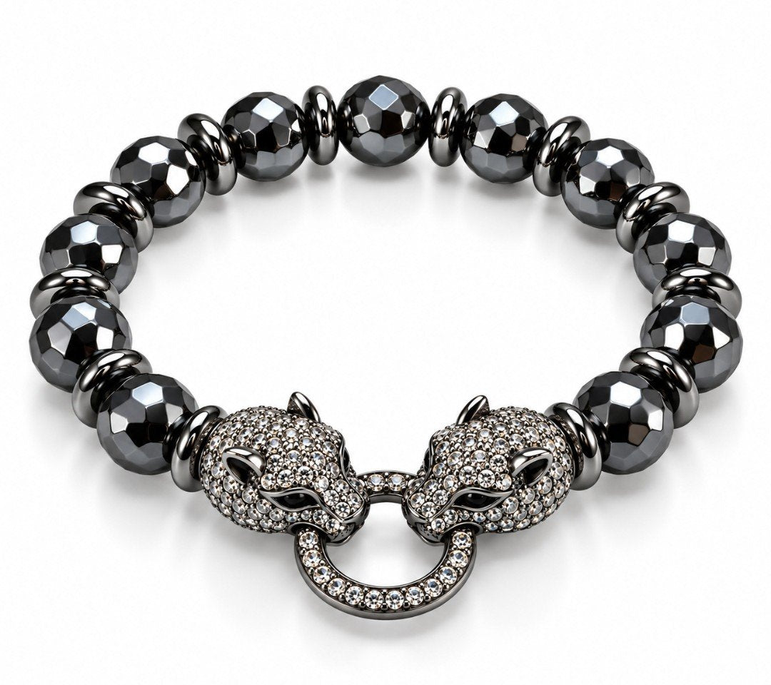 Faceted Hematite & Double CZ Panther Head Bracelet — Luxury