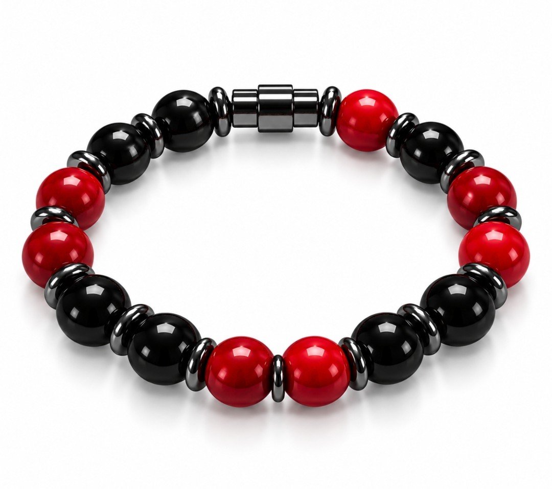 Red Magnesite & Black Onyx Large Bead Magnetic Bracelet — Red & Black