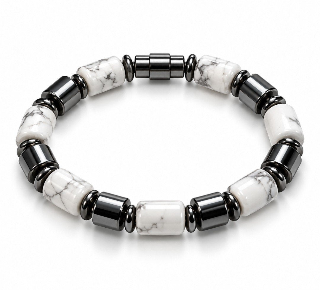 White Howlite Barrel & Hematite Magnetic Bracelet — Men's