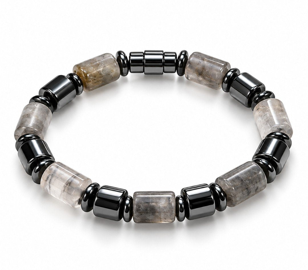 Cloudy Quartz Tube & Hematite Barrel Magnetic Bracelet — Men's
