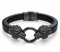 Black Leather & Double Black CZ Panther Head Bracelet — Men's