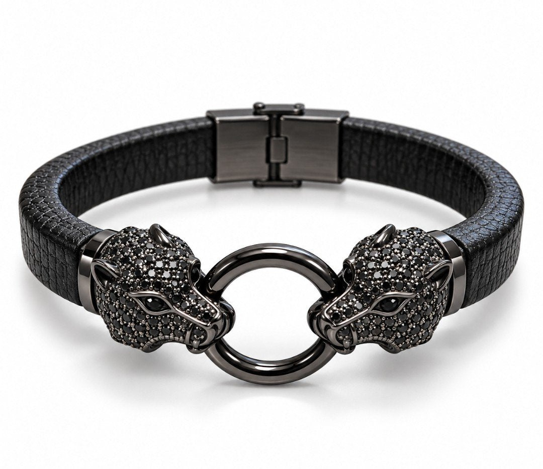 Black Leather & Double Black CZ Panther Head Bracelet — Men's