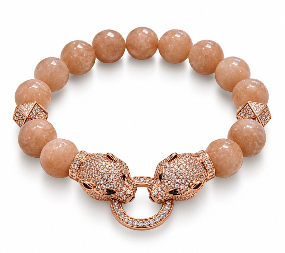 Orange Carnelian Agate & Rose Gold Double CZ Panther Head Bracelet — Luxury