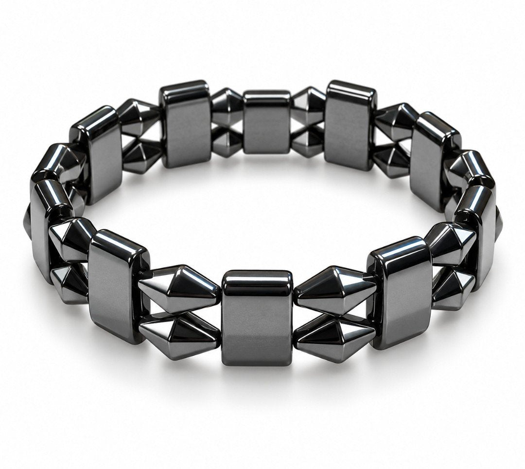 Black Hematite Tile & Bicone Link Bracelet — Gunmetal