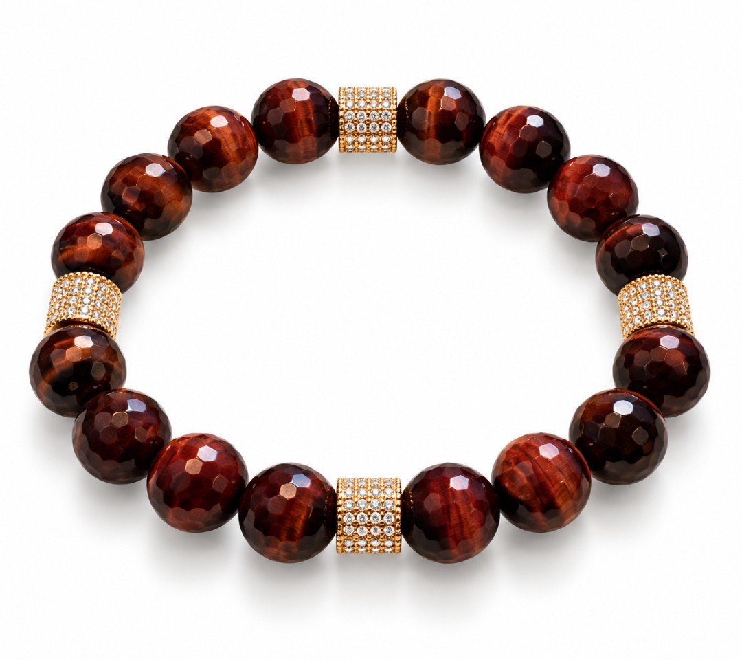Faceted Red Tiger's Eye & Gold Pavé CZ Barrel Bracelet — Luxury