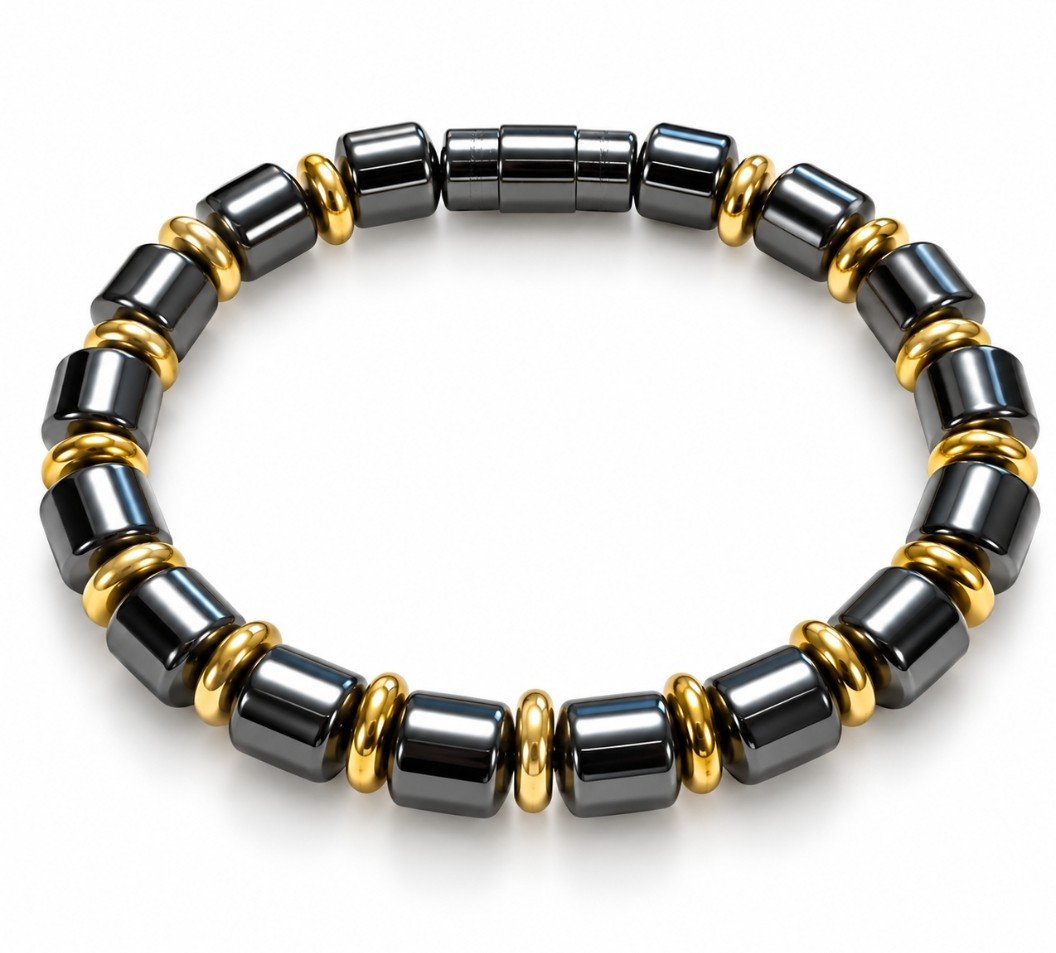 Black Hematite Barrel & Gold Rondelle Magnetic Bracelet — Men's