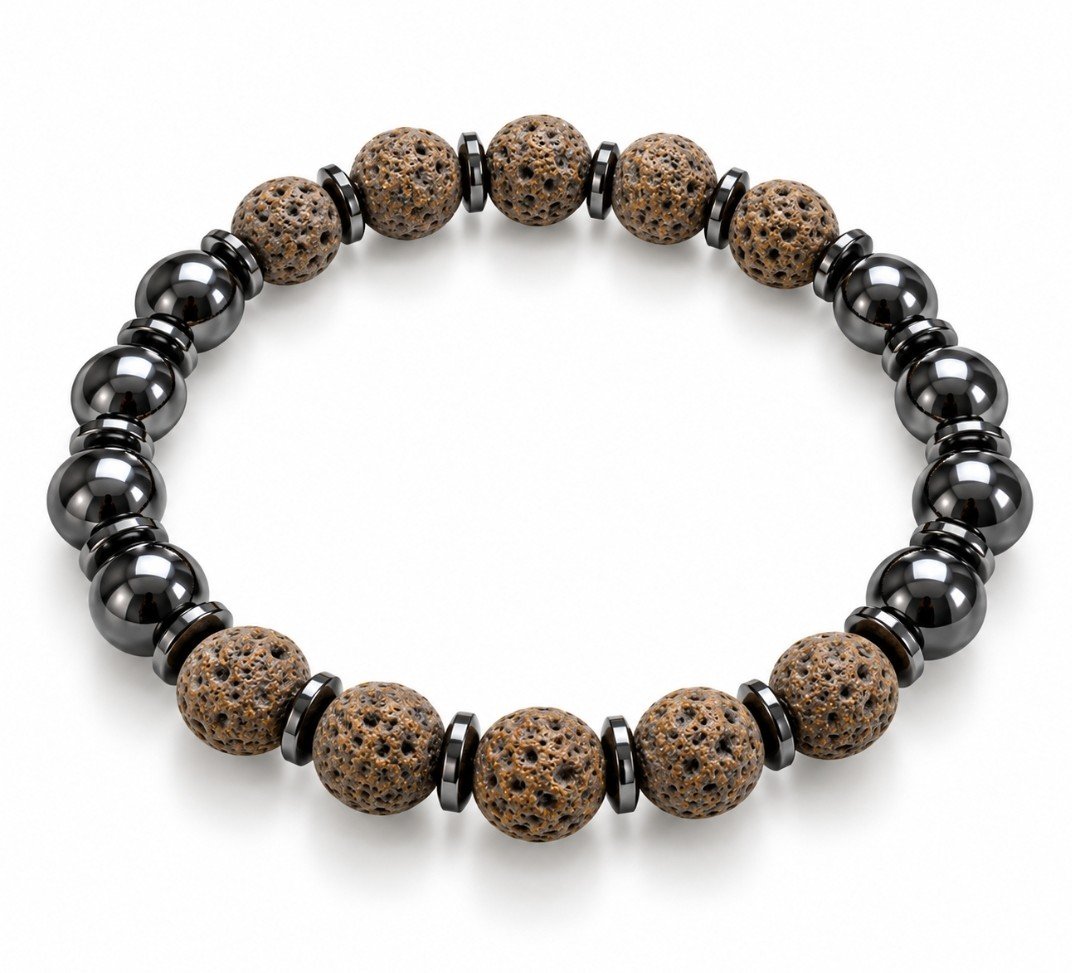 Brown Lava Rock & Hematite Bead Stretch Bracelet — Men's Diffuser