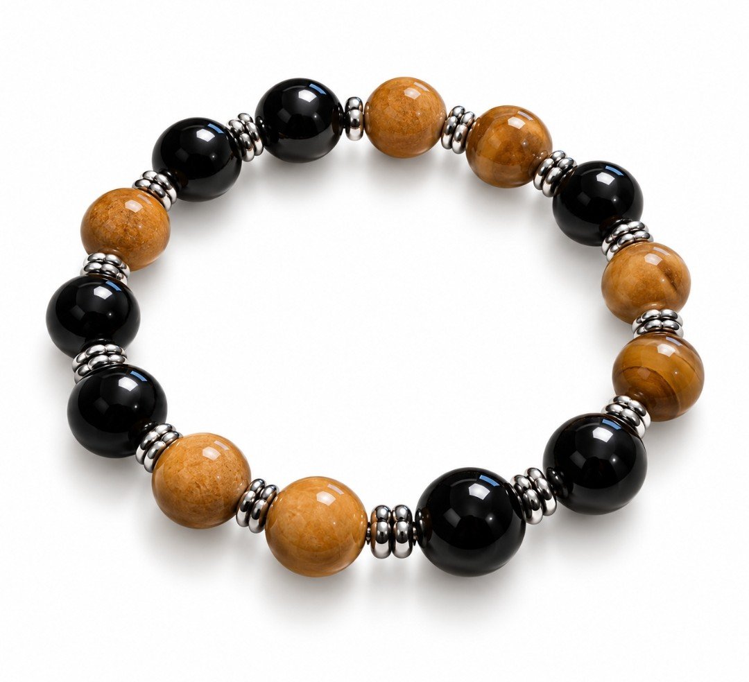Black Onyx & Caramel Jasper Large Bead Stretch Bracelet