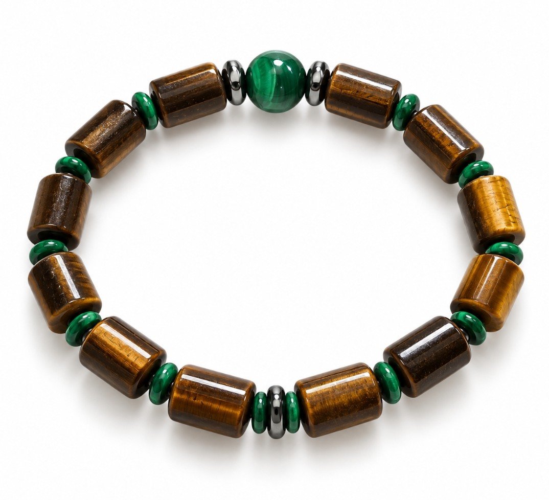 Tiger's Eye Barrel & Malachite Bead Stretch Bracelet