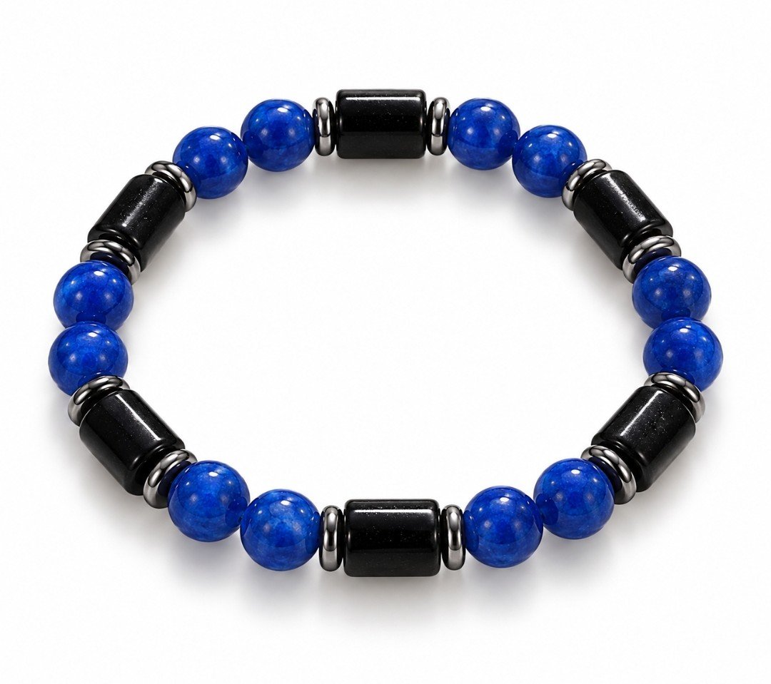 Lapis Blue Round & Dark Blue Barrel Bead Bracelet