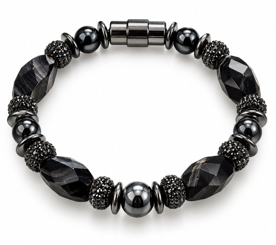 Black Banded Agate & Black Pavé Crystal Magnetic Bracelet — Luxury All Black