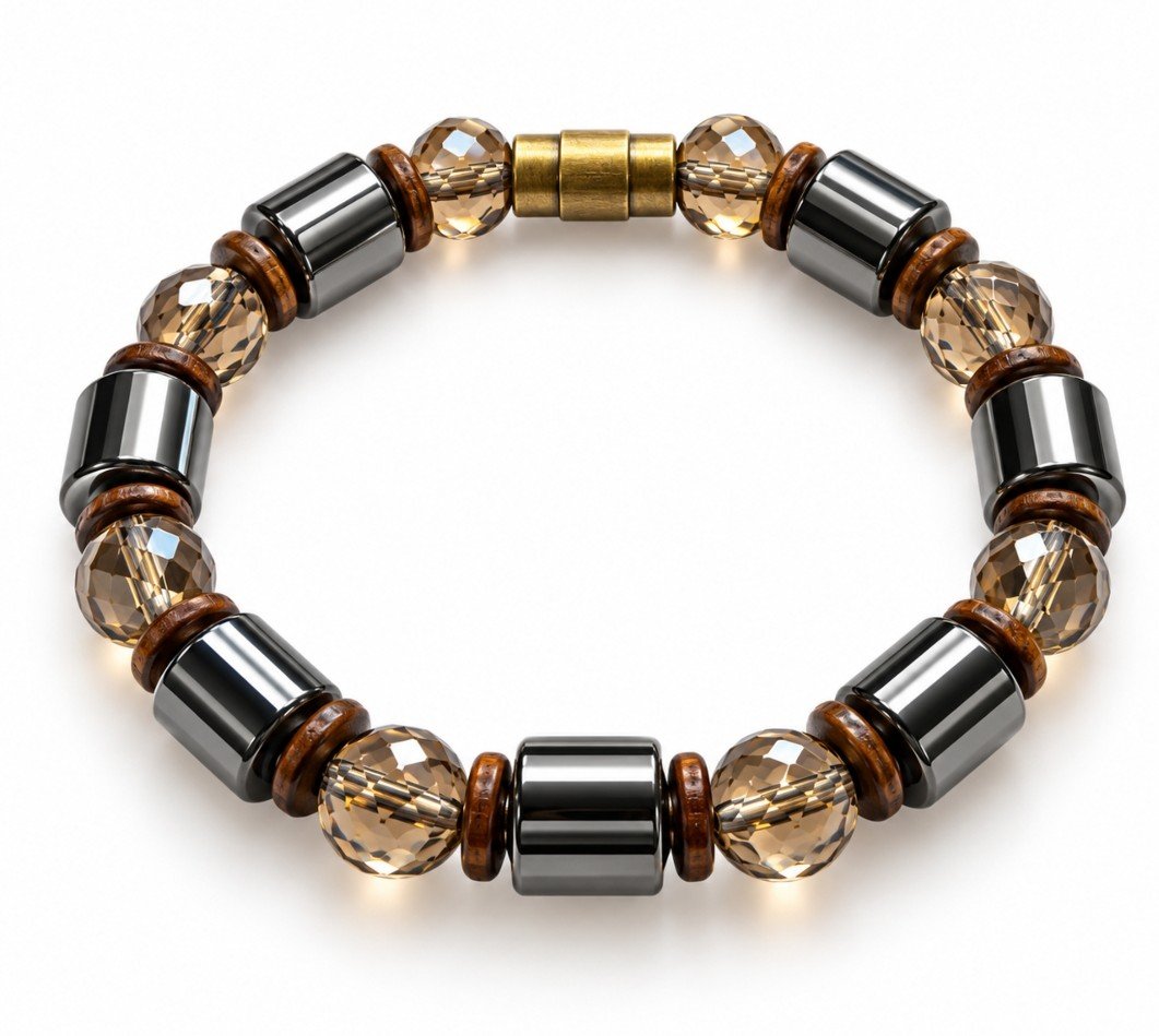 Champagne Crystal & Hematite Barrel Magnetic Bracelet — Wood Spacer
