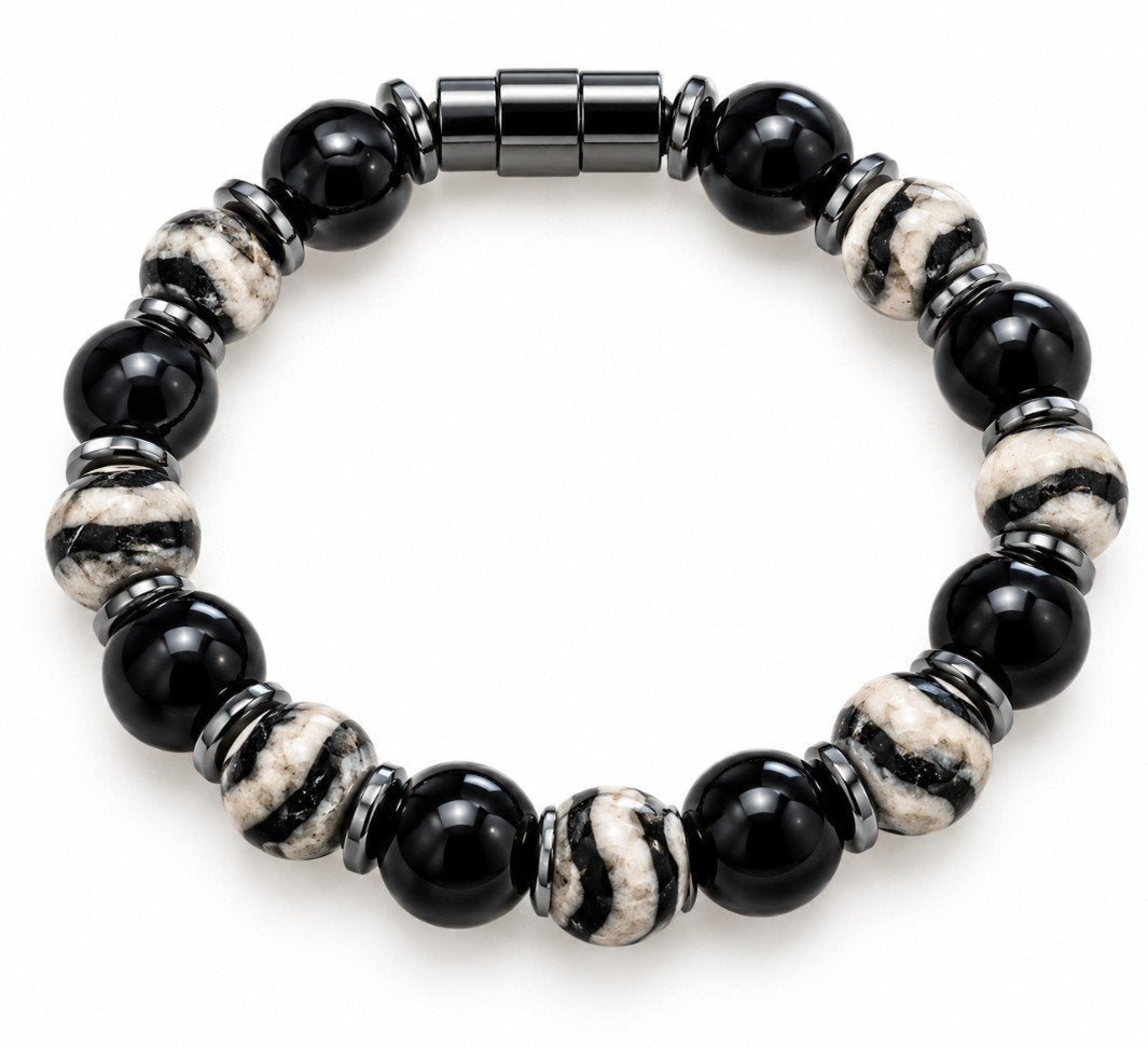 Zebra Jasper & Black Onyx Bead Magnetic Bracelet — Black & White