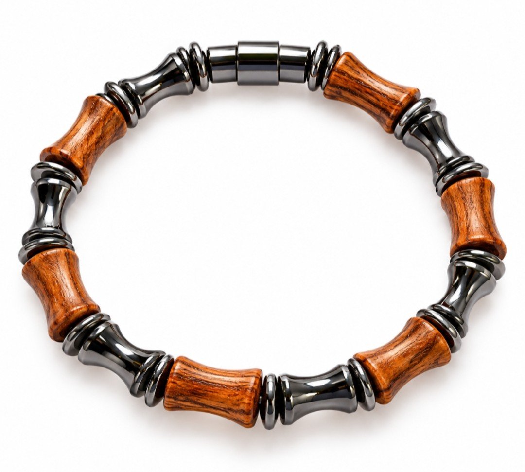 Natural Wood & Hematite Bamboo Bead Magnetic Bracelet — Men's