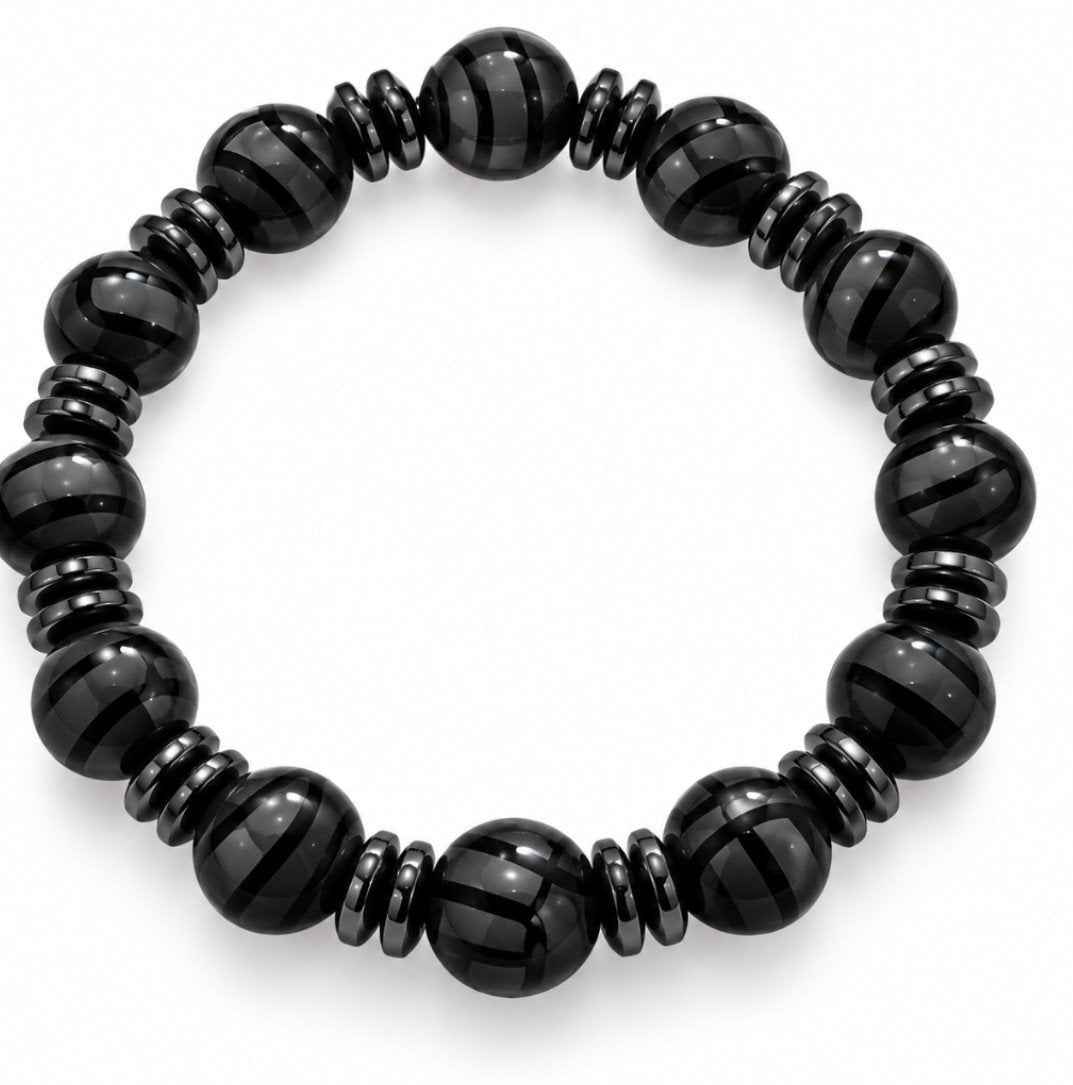 Black Banded Agate & Hematite Bead Stretch Bracelet — All Black