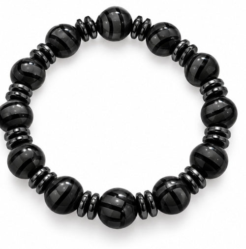 Black Banded Agate & Hematite Bead Stretch Bracelet — All Black