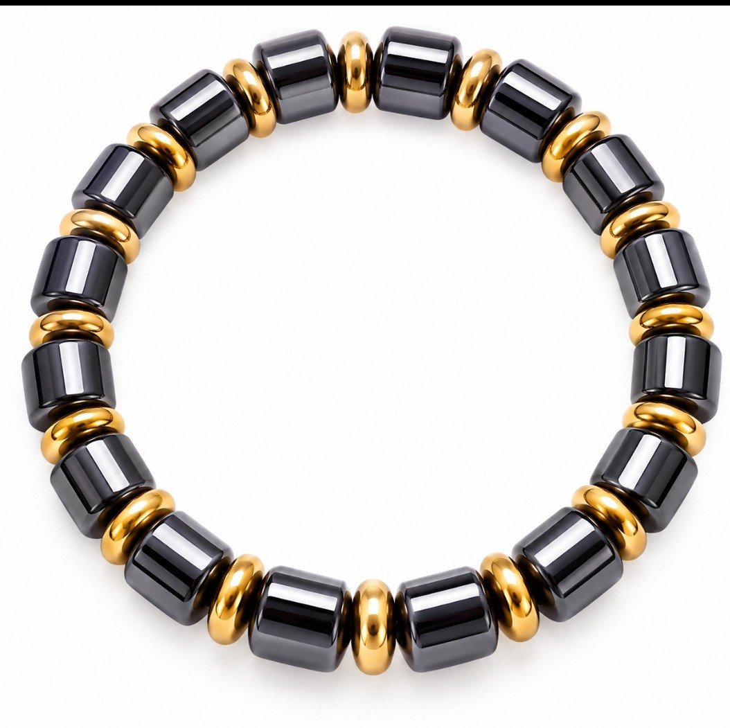 Black Hematite & Gold Tube Bead Stretch Bracelet — Men's Luxury