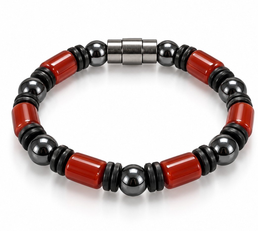 Carnelian Agate Barrel & Hematite Magnetic Bracelet — Red & Black