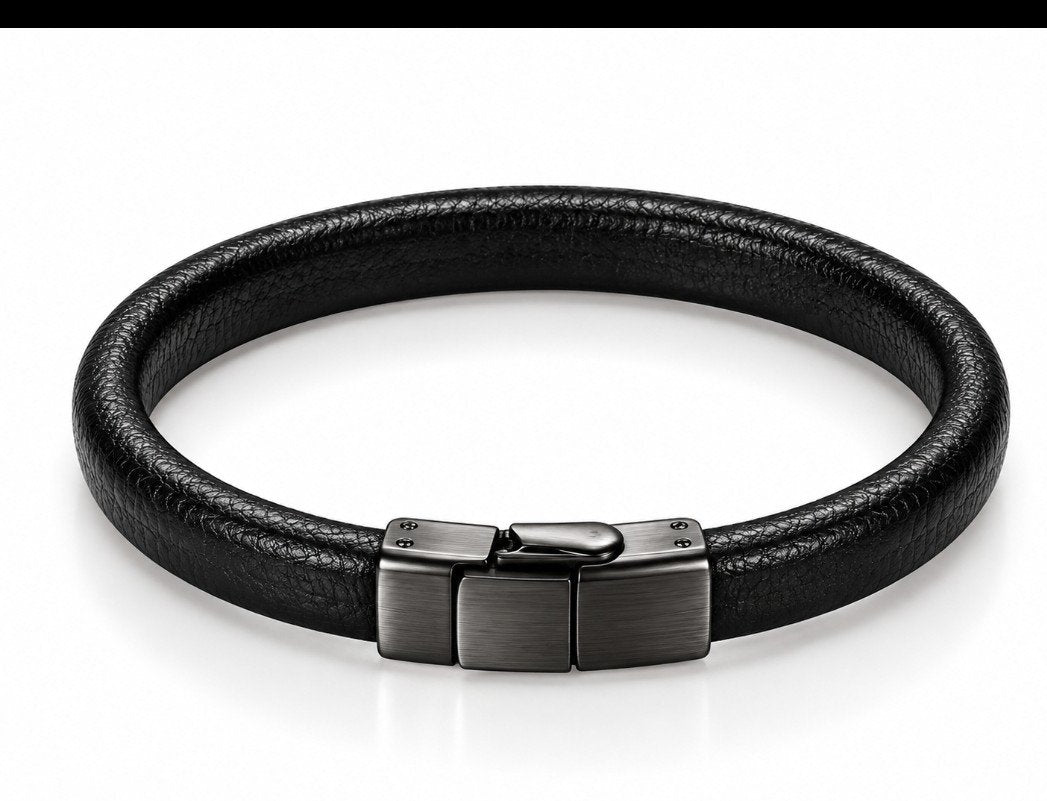 Black Leather Round Cord Bracelet — Gunmetal Box Clasp