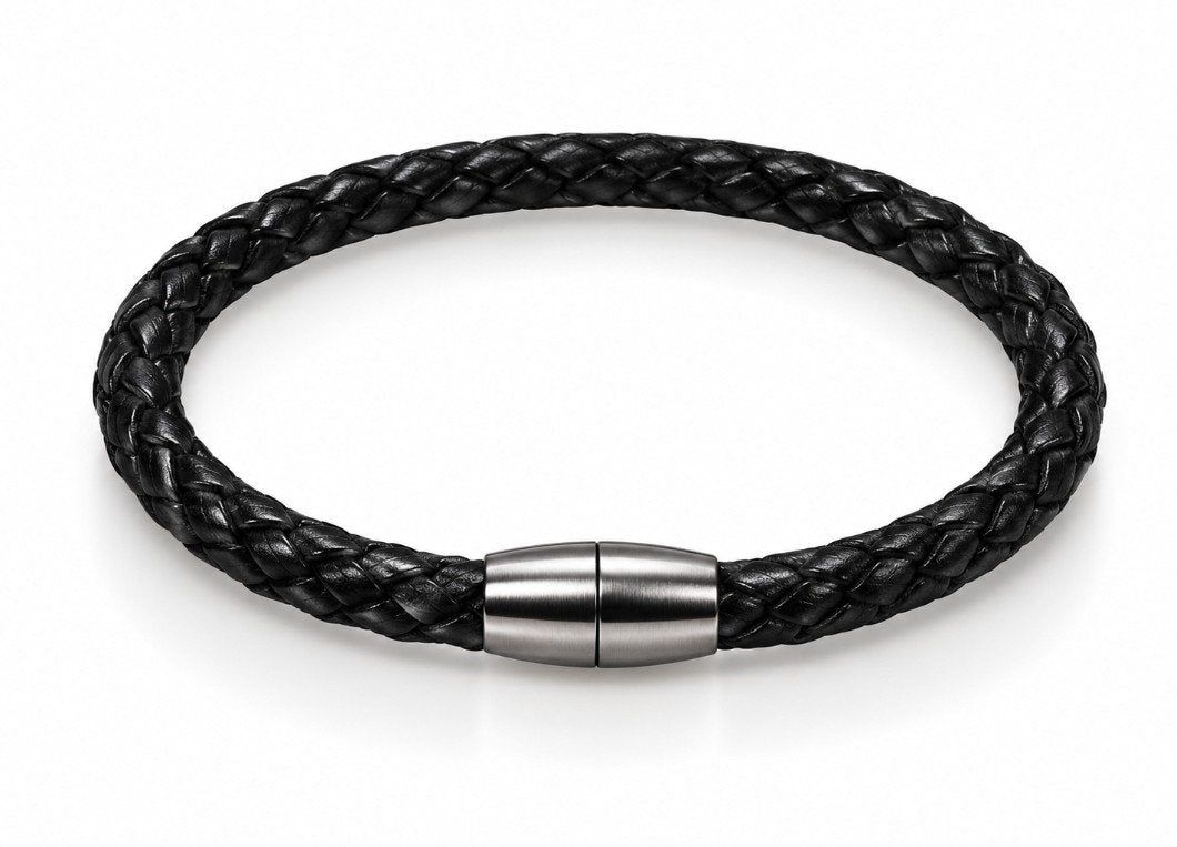 Braided Black Leather Bracelet — Silver Magnetic Clasp