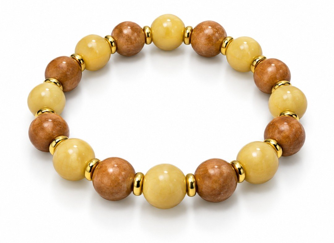 Yellow Jade & Red Aventurine Bead Stretch Bracelet — Gold Rondelles