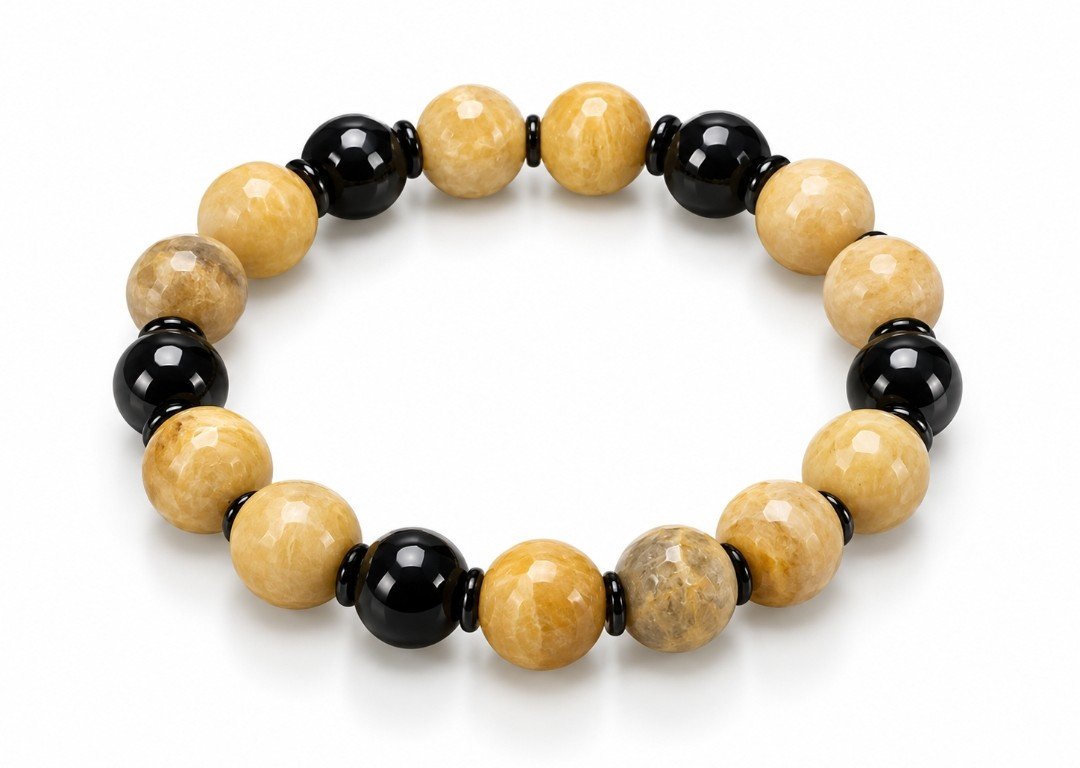 Faceted Honey Calcite & Black Onyx Large Bead Stretch Bracelet