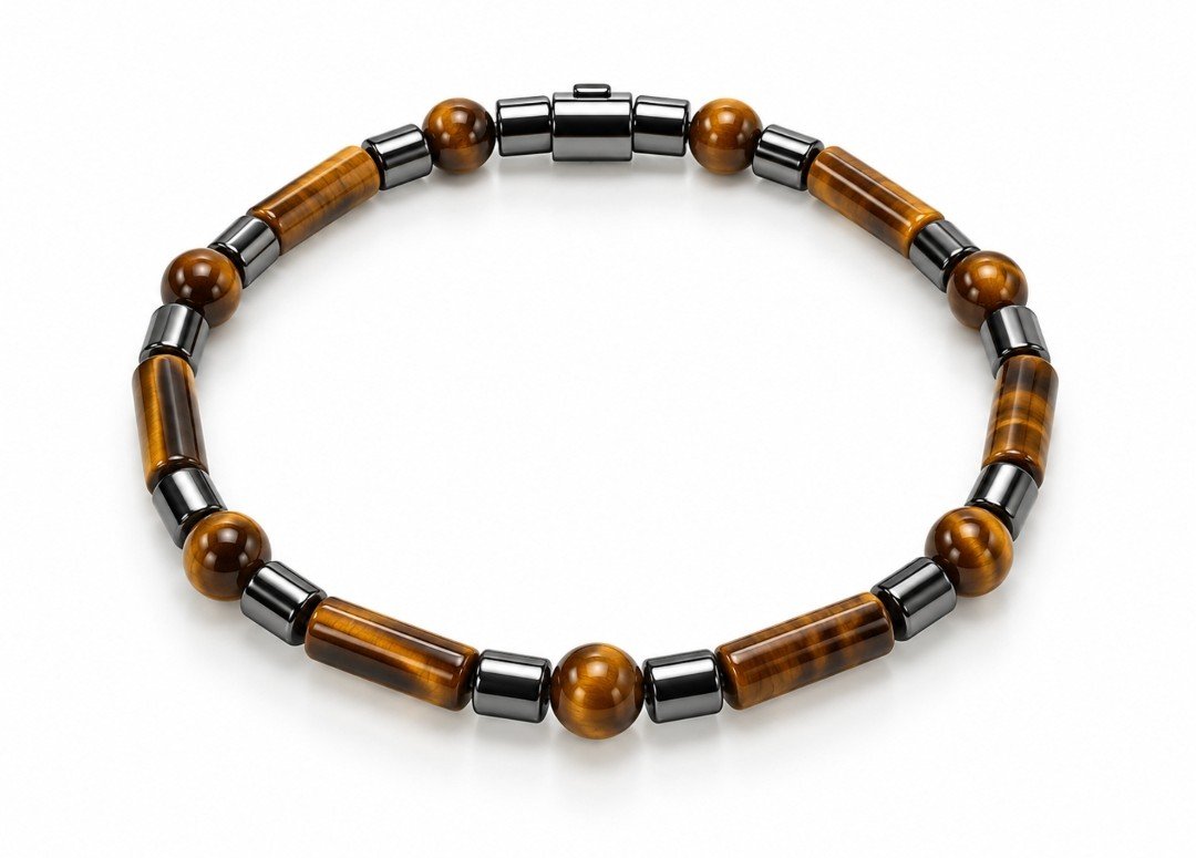Tiger's Eye Tube & Hematite Barrel Bracelet — Barrel Clasp