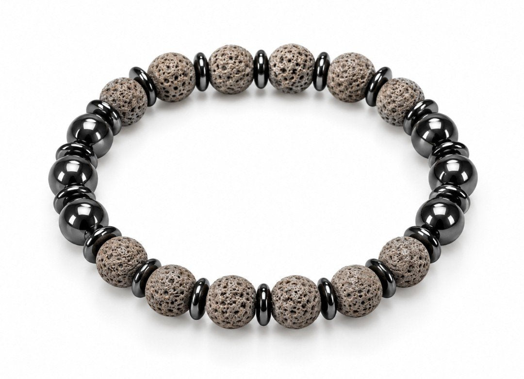 Gray Lava Rock & Hematite Bead Stretch Bracelet — Men's Diffuser