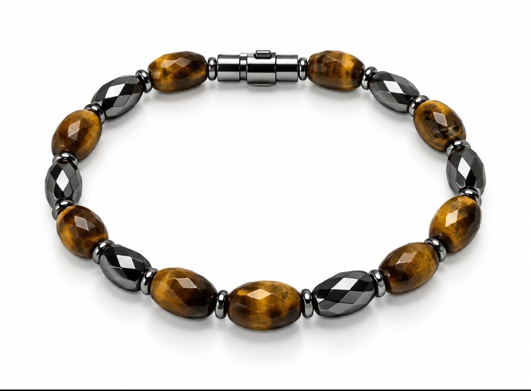 Faceted Tiger's Eye & Hematite Oval Bead Bracelet — Barrel Clasp