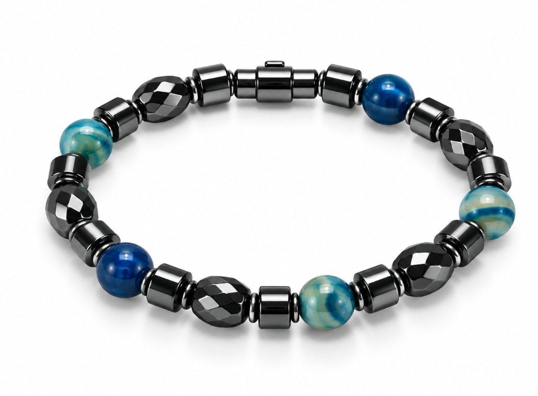 Blue Banded Agate & Faceted Hematite Oval Bracelet — Barrel Clasp
