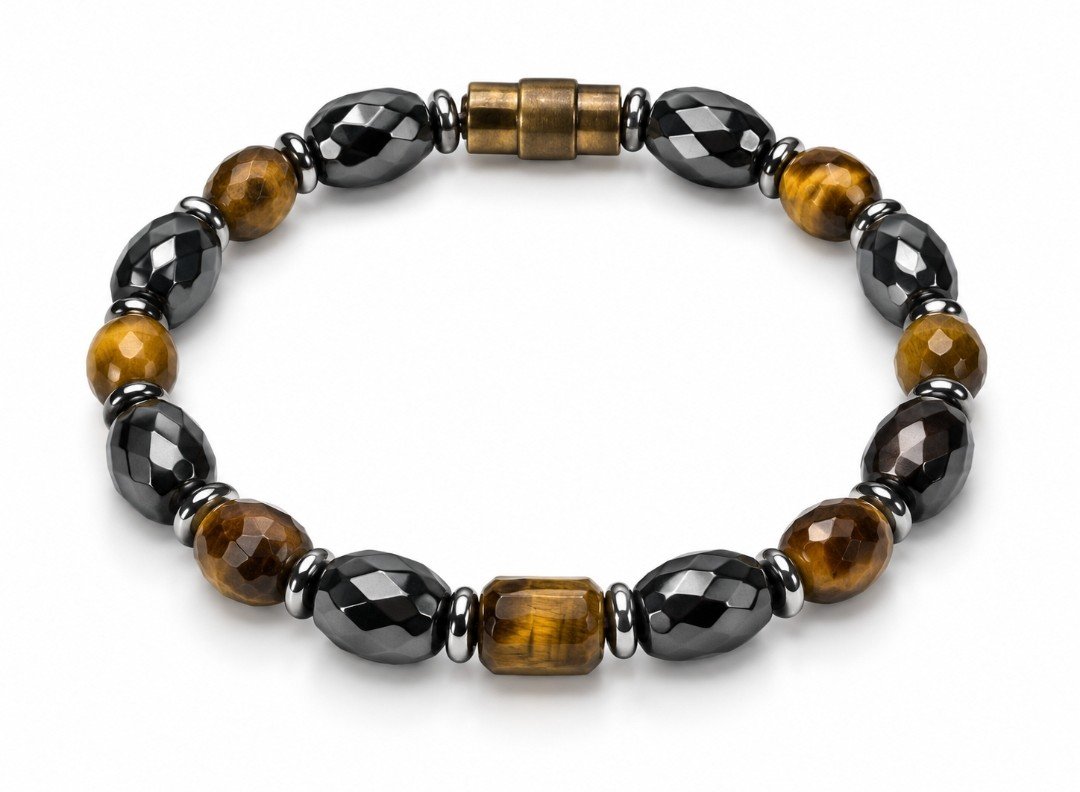 Faceted Hematite Oval & Tiger's Eye Magnetic Bracelet — Brass Clasp