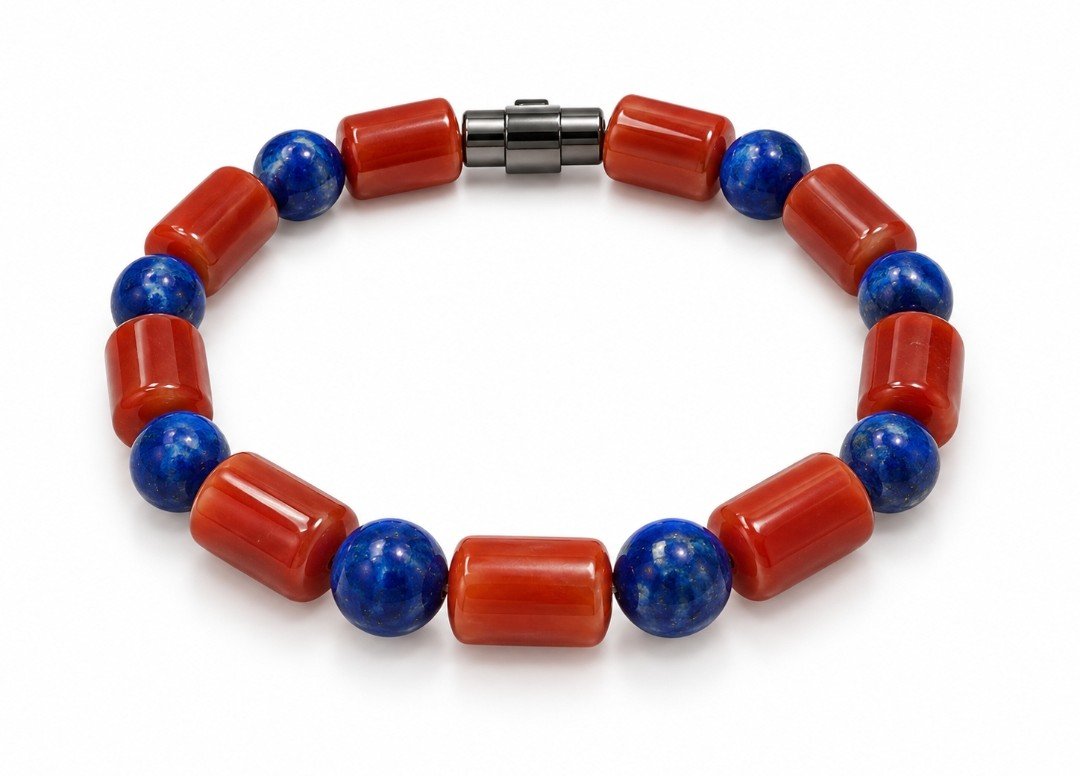 Carnelian Agate Barrel & Lapis Lazuli Bead Bracelet — Barrel Clasp