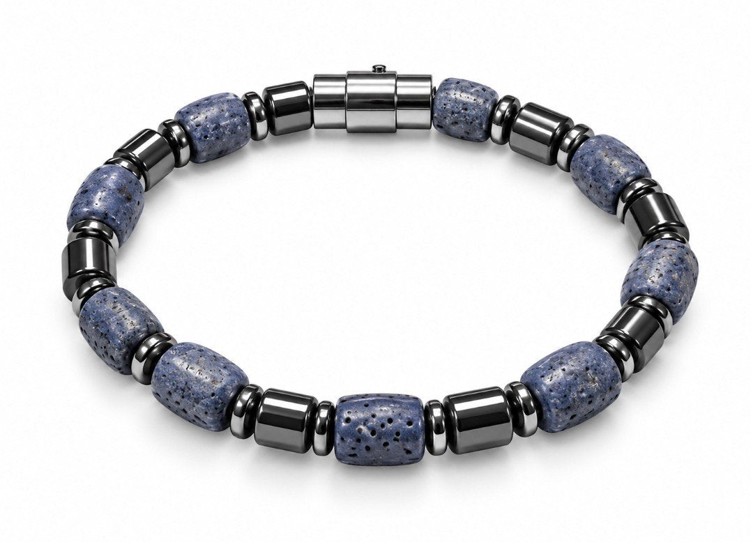 Blue Crazy Lace Agate Barrel & Hematite Bracelet — Barrel Clasp