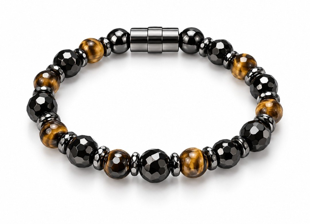Faceted Hematite & Tiger's Eye Round Bead Magnetic Bracelet