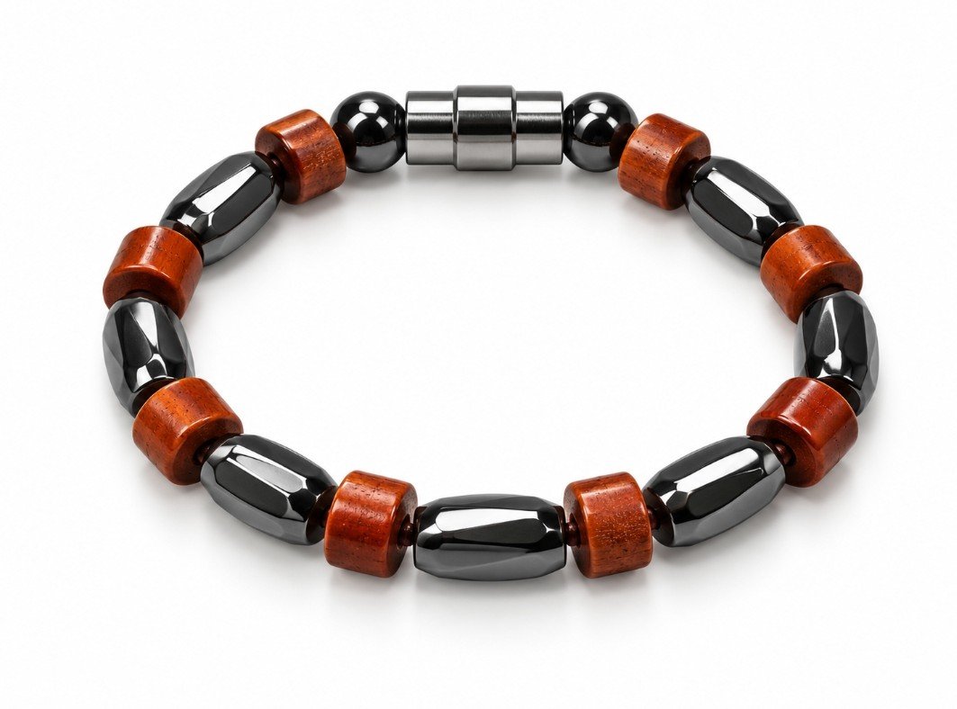 Faceted Hematite Capsule & Carnelian Agate Rondelle Magnetic Bracelet