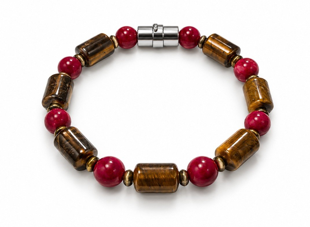 Tiger's Eye Barrel & Red Magnesite Bead Bracelet — Barrel Clasp