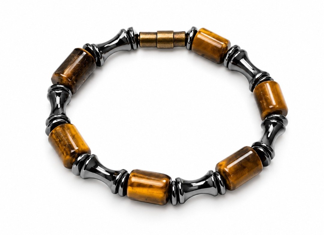 Tiger's Eye Tube & Hematite Bamboo Bead Magnetic Bracelet