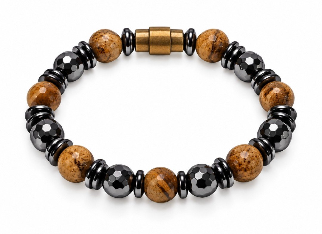 Faceted Picture Jasper & Hematite Magnetic Bracelet — Brass Clasp
