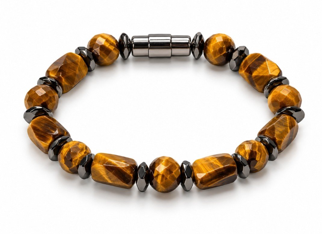 Faceted Tiger's Eye Nugget & Hematite Magnetic Bracelet