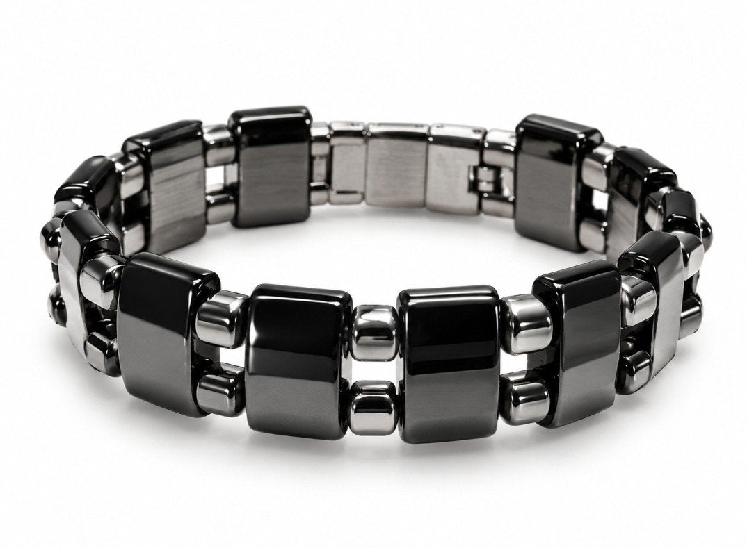 Black Hematite Wide Tile Link Bracelet — Steel Connectors