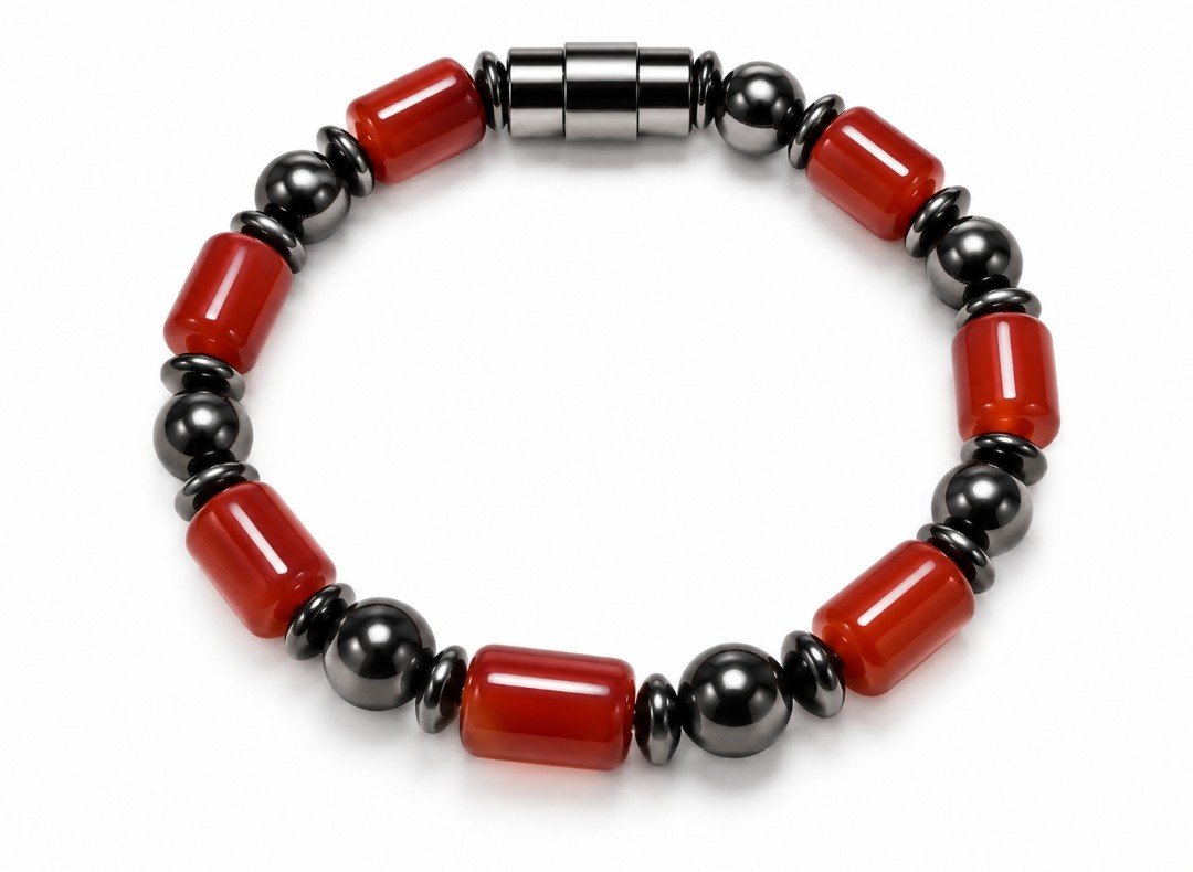 Carnelian Agate Barrel & Hematite Magnetic Bracelet — Bright Red