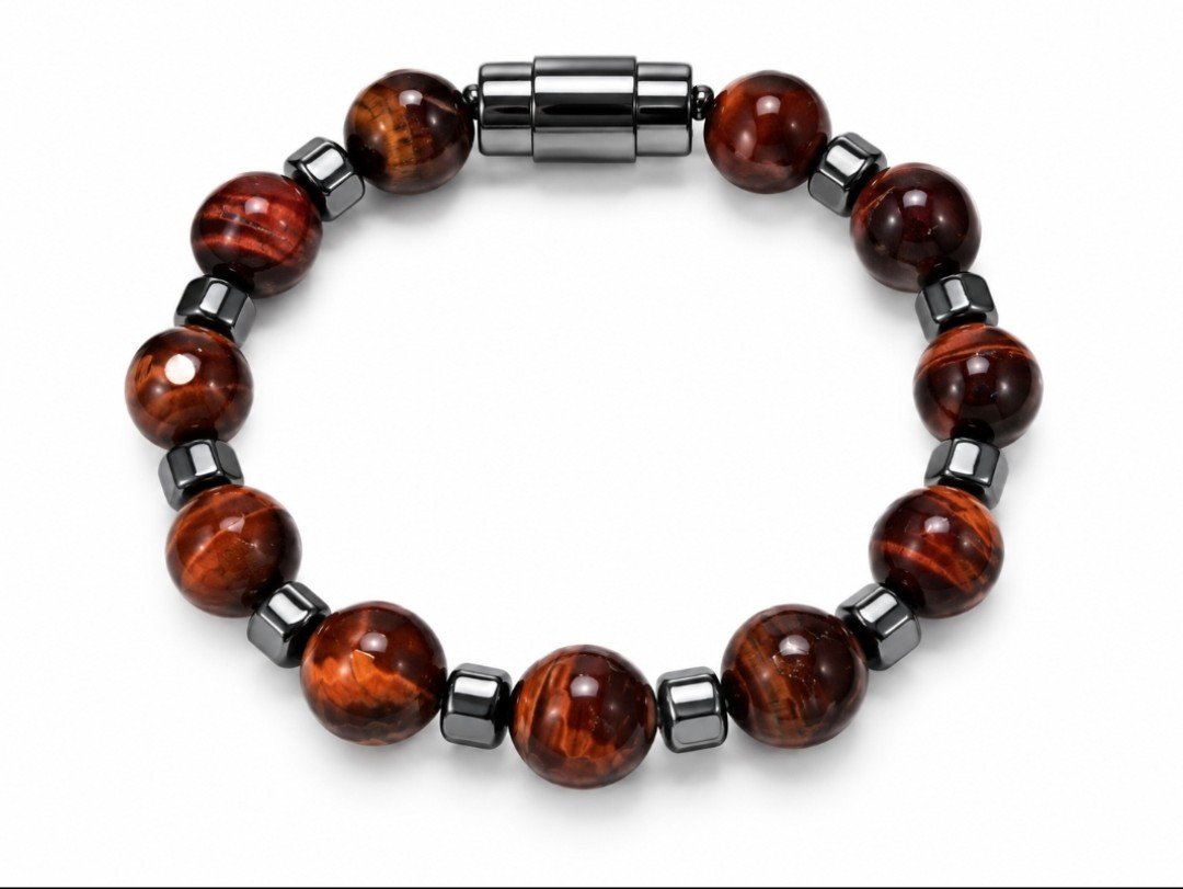 Red Tiger's Eye & Hematite Cube Spacer Magnetic Bracelet