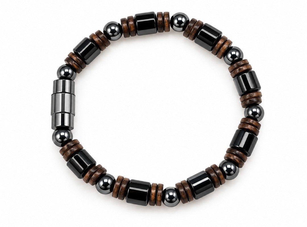 Black Onyx Tube & Hematite Wood Spacer Magnetic Bracelet